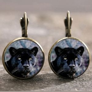 New Black Panther Glass Cabochon Bronze Lever Back Earrings.